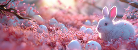 Banner white rabbit and easter eggs on pink background, with copy space, easter backgroundの素材