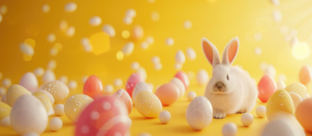 Banner white rabbit and easter eggs on yellow background, with copy space, easter backgroundの素材