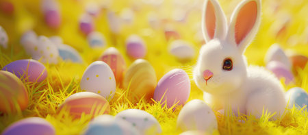 Banner white rabbit and easter eggs on yellow background, with copy space, easter backgroundの素材