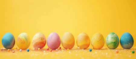 Banner colorful easter eggs on yellow background with glitter, minimalist easter background, design, with copy spaceの素材
