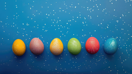Banner colorful easter eggs on blue background with glitter, minimalist easter background, design, with copy spaceの素材