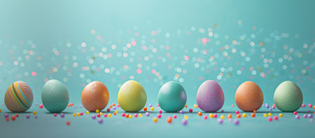 Banner colorful easter eggs on blue background with glitter, minimalist easter background, design, with copy spaceの素材