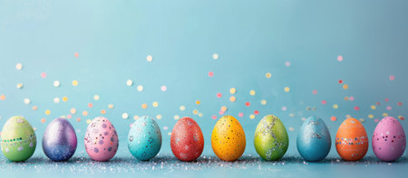 Banner colorful easter eggs on blue background with glitter, minimalist easter background, design, with copy spaceの素材