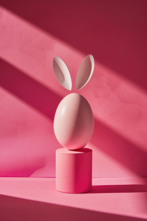 Easter egg with rabbit ears on stand on pink background, creative minimalistic shot, easter cardの素材