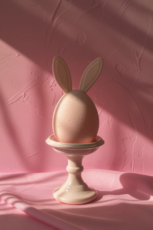 Easter egg with rabbit ears on stand on pink background, creative minimalistic shot, easter cardの素材