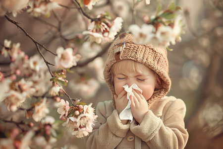Child sneezing into handkerchief, spring, flowering plants, concept allergyの素材