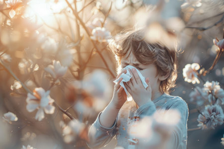 Child sneezing into handkerchief, spring, flowering plants, concept allergyの素材