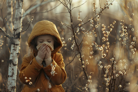 Child sneezing into handkerchief, spring, flowering plants, concept allergy, with copy spaceの素材