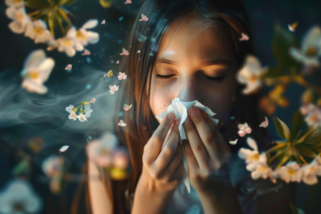 Child girl sneezing into handkerchief, spring, flowering plants, concept allergyの素材