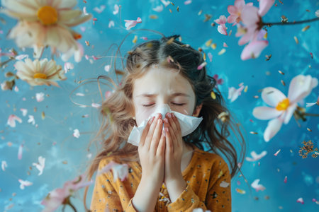 girl sneezing into handkerchief, on a blue sky background, flying flowers around, concept spring, allergyの素材