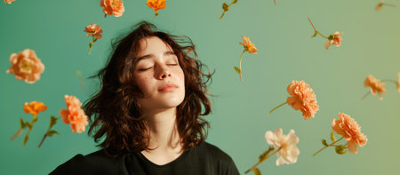 banner beautiful girl with closed eyes on green background surrounded by flying flowers. concept for allergy treatment, enjoyment of spring, for cosmetics advertising, with copy spaceの素材