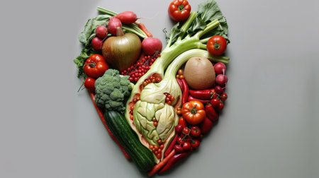 Vegetables and fruits in the shape of a heart on gray background. Concept of healthy eating, vegetarianism, health care, health dayの素材