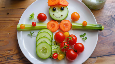 chopped vegetables on a plate, laid out in the shape of a person. Concept of healthy eating, vegetarianism, health care, health dayの素材