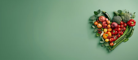 banner, Vegetables and fruits in the shape of a heart on green background. Concept of healthy eating, vegetarianism, health care, health day, with copy spaceの素材