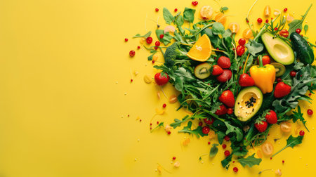 banner, Vegetables and fruits in the shape of a heart on yellow background. Concept of healthy eating, vegetarianism, health care, health day, with copy spaceの素材