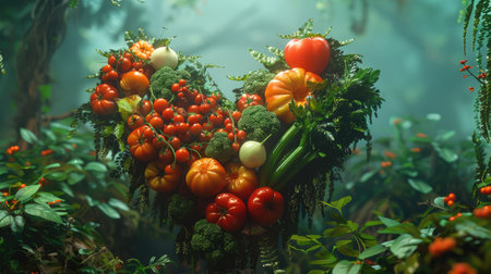 Vegetables and fruits in the shape of a heart on green background. Concept of healthy eating, vegetarianism, health care, health dayの素材