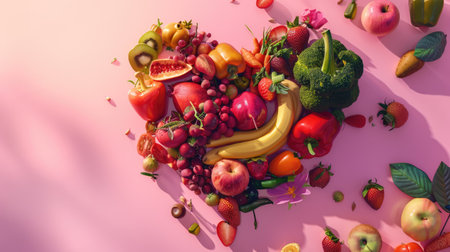 Vegetables and fruits in the shape of a heart on pink background. Concept of healthy eating, vegetarianism, health care, health dayの素材