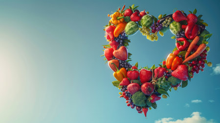 Vegetables and fruits in the shape of a heart on blue sky background. Concept of healthy eating, vegetarianism, health care, health day, with copy spaceの素材