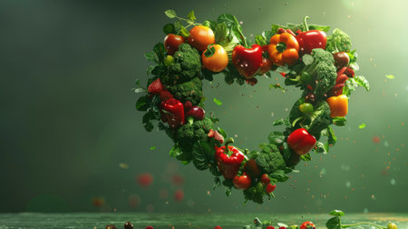 Vegetables and fruits in the shape of a heart on green sky background. Concept of healthy eating, vegetarianism, health care, health day, with copy spaceの素材