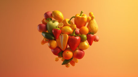 flying Vegetables and fruits in the shape of a heart on yellow background. Concept of healthy eating, vegetarianism, health care, health dayの素材