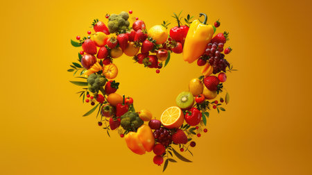 flying Vegetables and fruits in the shape of a heart on yellow background. Concept of healthy eating, vegetarianism, health care, health dayの素材
