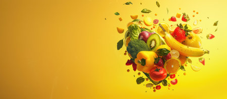 banner, flying Vegetables and fruits in the shape of a heart on yellow background. Concept of healthy eating, vegetarianism, health care, health day, with copy spaceの素材
