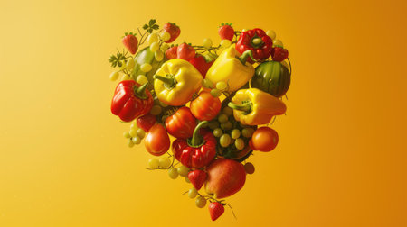 flying Vegetables and fruits in the shape of a heart on yellow background. Concept of healthy eating, vegetarianism, health care, health dayの素材