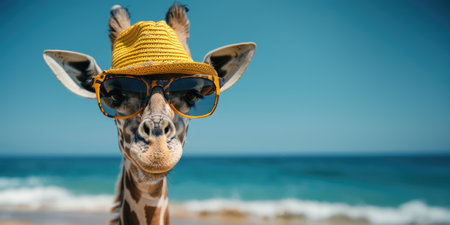 banner giraffe in sunglasses and hat on the beach near the sea, looking at the camera. summer vacation by the sea with copy spaceの素材
