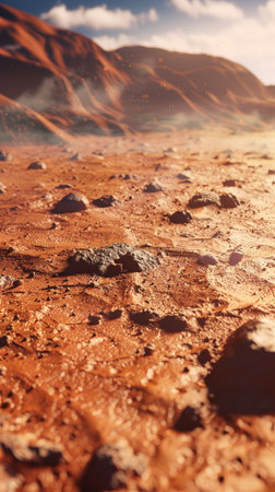 View of the planet Mars, red planet, landscape, surface of mars, rocks and mountains, exploration of mars, colonization of mars, flight to marsの素材