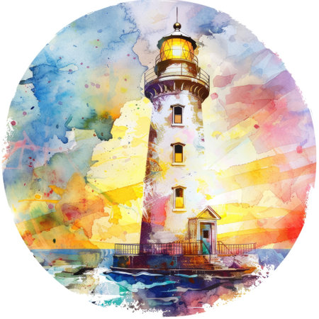 image of beautiful lighthouse by the sea. round picture for printing on products. round picture with lighthouse on a white isolated backgroundの素材