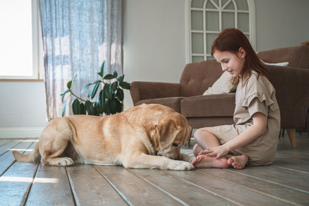 Cute girl training a Labrador dog at home. friendship, petsの写真素材