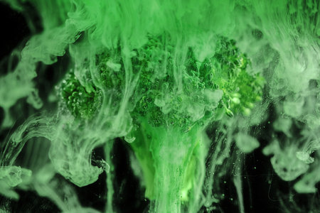 Fresh broccoli with a cloud of green color paint on black background in water. Artistic nutrition concept. Science of food action photography. Creative concept of vegetarianism, benefits of vegetablesの写真素材