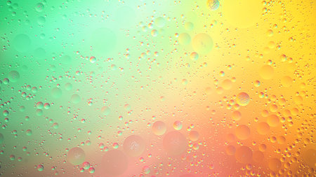 Abstract yellow, green and pink colorful background with oil on water surface. Oil drops in water abstract psychedelic, abstract image.の写真素材