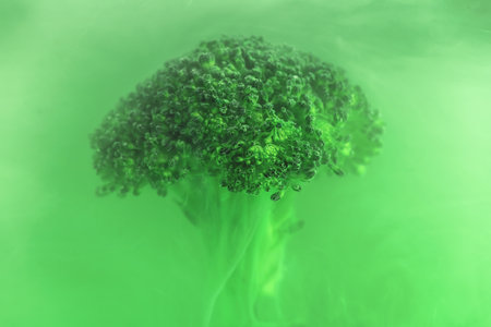 Fresh broccoli in cloud of green color paint in water. Artistic nutrition concept. Science of food action photography. Creative concept of vegetarianism, benefits of vegetablesの写真素材