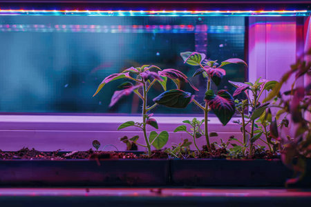 tomato seedlings on the balcony, on the windowsill, by the window under an ultraviolet phytolamp. Concept of gardening, growing organic food, vegetables, vegetarianismの素材