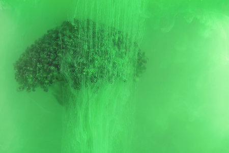 Fresh broccoli in cloud of green color paint in water. Artistic nutrition concept. Science of food action photography. Creative concept of vegetarianism, benefits of vegetablesの写真素材