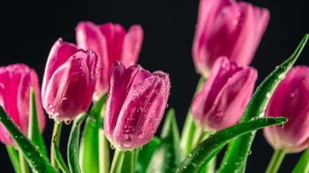 Bright pink tulips on a black background. Concept of spring, holiday, spring blossomの写真素材