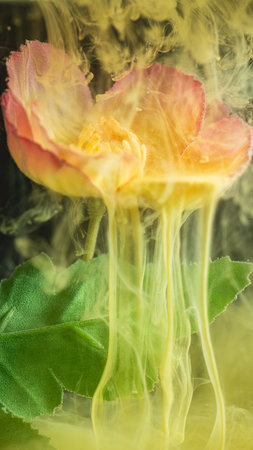beautiful flower with pink petals in clouds of yellow smoke on black background, photo underwater, clouds of paint in water, aquarium, spring, summer concept, creativity, artの写真素材