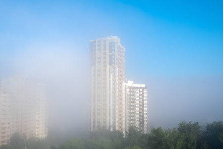 heavy fog in the city, modern high-rise buildings in the fogの写真素材