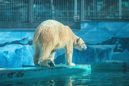 a polar bear in a zoo walks on a ledge on a blue background in the form of ice floesの写真素材