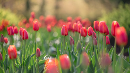 lots of beautiful bright red tulips, spring natural background, calm, peaceful atmosphereの写真素材