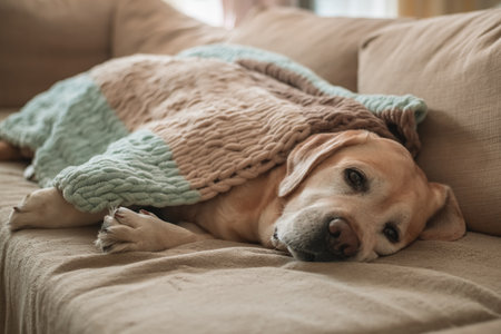 dog adorable labrador sleeps on the couch at home, covered with a blanket. home, comfort, familyの写真素材