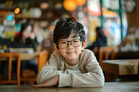 Asian boy schoolboy in glasses sitting at table, looks at the camera and smiles, school, studying, vision problem, vision correction, optics, ophthalmologyの素材