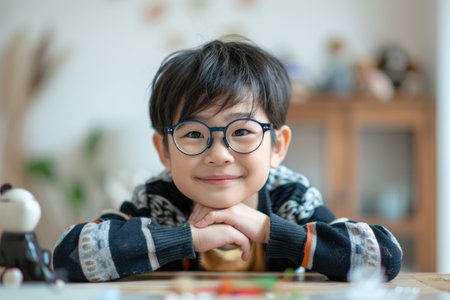 Asian boy schoolboy in glasses sitting at table, looks at the camera and smiles, school, studying, vision problem, vision correction, optics, ophthalmologyの素材
