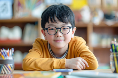 Asian boy schoolboy in glasses sitting at table, looks at the camera and smiles, school, studying, vision problem, vision correction, optics, ophthalmologyの素材