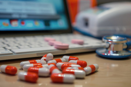 pills and stethoscope in front of laptop. telemedicine concept, online consultation with a doctorの素材