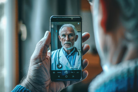 telemedicine, online doctor's appointment, modern technologies, patient talking to his doctor on a mobile phoneの素材
