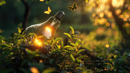 glowing light bulb on a background of nature, forest and plants. concept of energy conservation, environmental friendliness.の素材