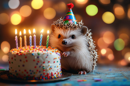 hedgehog in a party hat sitting in front of cake with lit candles, holiday, congratulations, birthday cardの素材