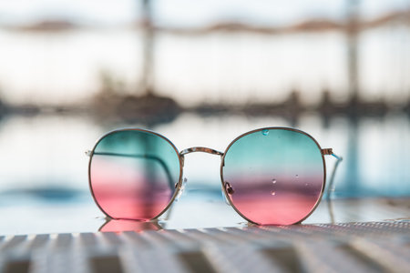 Sunglasses with pool background, relaxation conceptの写真素材